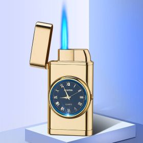Lighter With Electric Watch Rocker Arm Automatic Ignition Straight Blue Flame Lighter Creative Real Dial Inflatable Windproof Lighter Men's Watch (Color: A golden ice)
